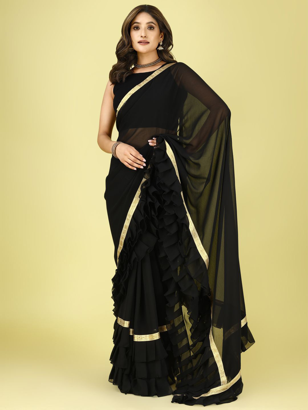 SAREEFLAME Golden Lace Border Ruffles Pure Georgette Saree