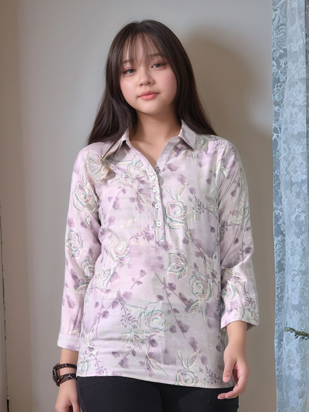 Myshka Girls Floral Print Bell Sleeve Shirt Style Top