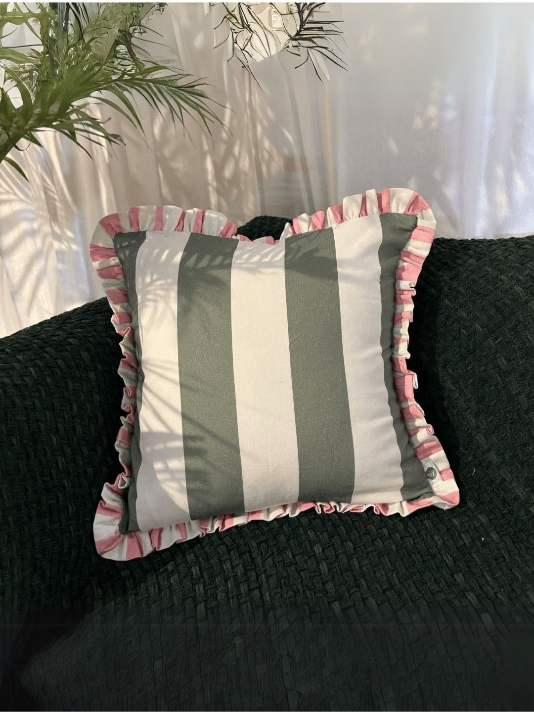LUSHLYF Golden Hour Green & White 2 Pieces Striped Cotton Square Cushion Cover