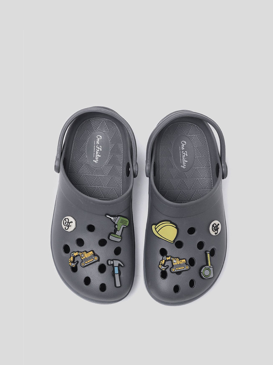 One Friday Kids Grey Clogs with 3D Charms & Strap Durable & Lightweight