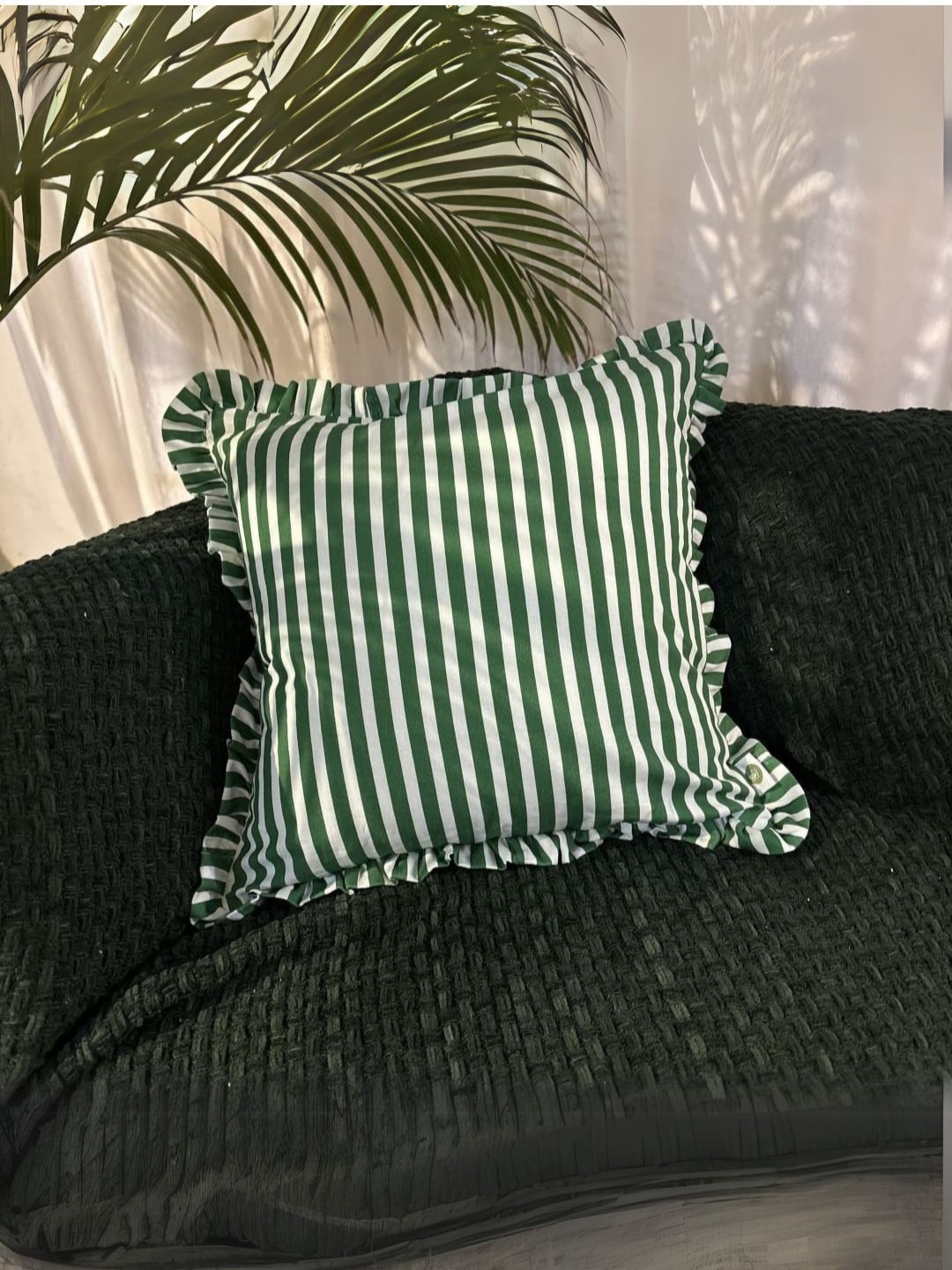 LUSHLYF Palm Parade Ruffle Green & Olive Striped Cotton Square Cushion Cover