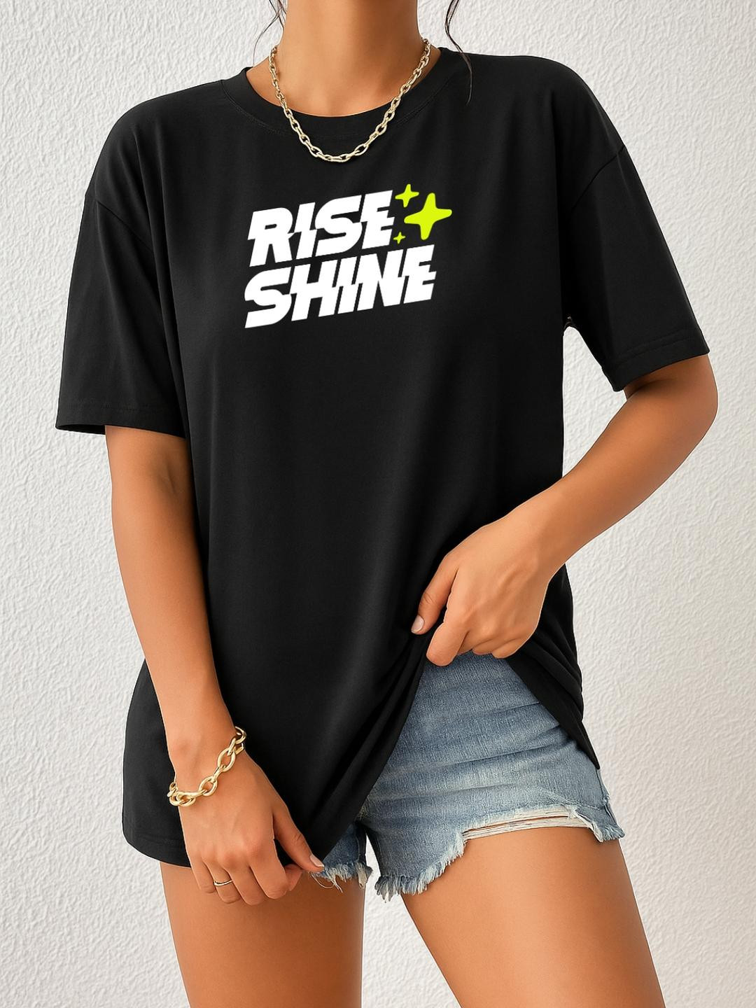 Women Black Rise & Shine Typography Oversized T-Shirt