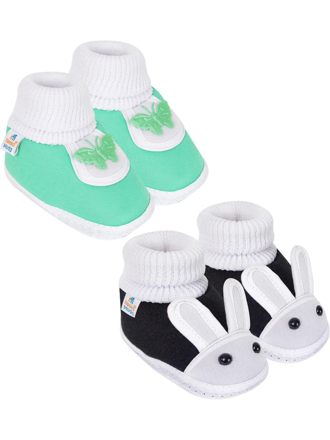 Neska Moda 0 To 6 Month Newborn Baby Boy & Baby Girls 2 Pair Soft Cotton Skin-Friendly Baby Booties (Toe to Heel Length - 10 cm, Mint, Black)