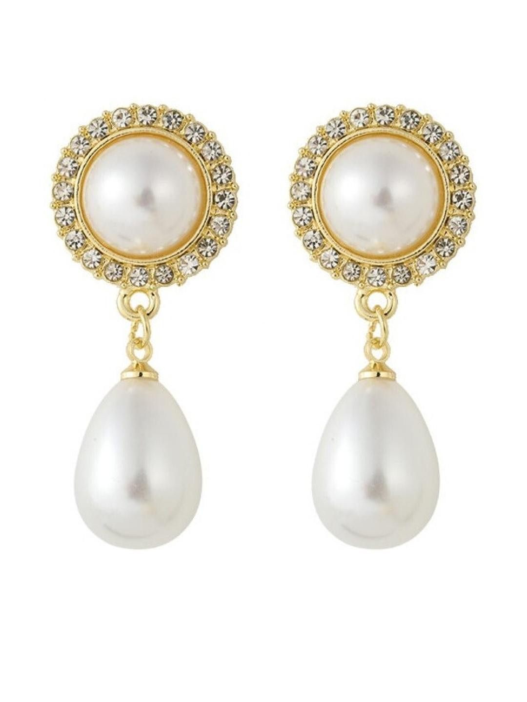 AKISON JEWELS Women White Round & Teardrop Gold-Toned Base Pearl Earrings