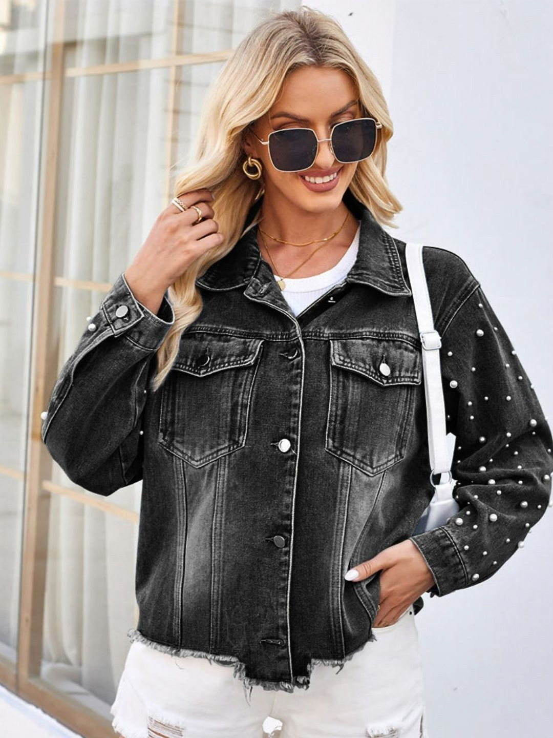 Oh Rare Embellished Spread Collar Drop-Shoulder Sleeves Pockets Denim Jackets