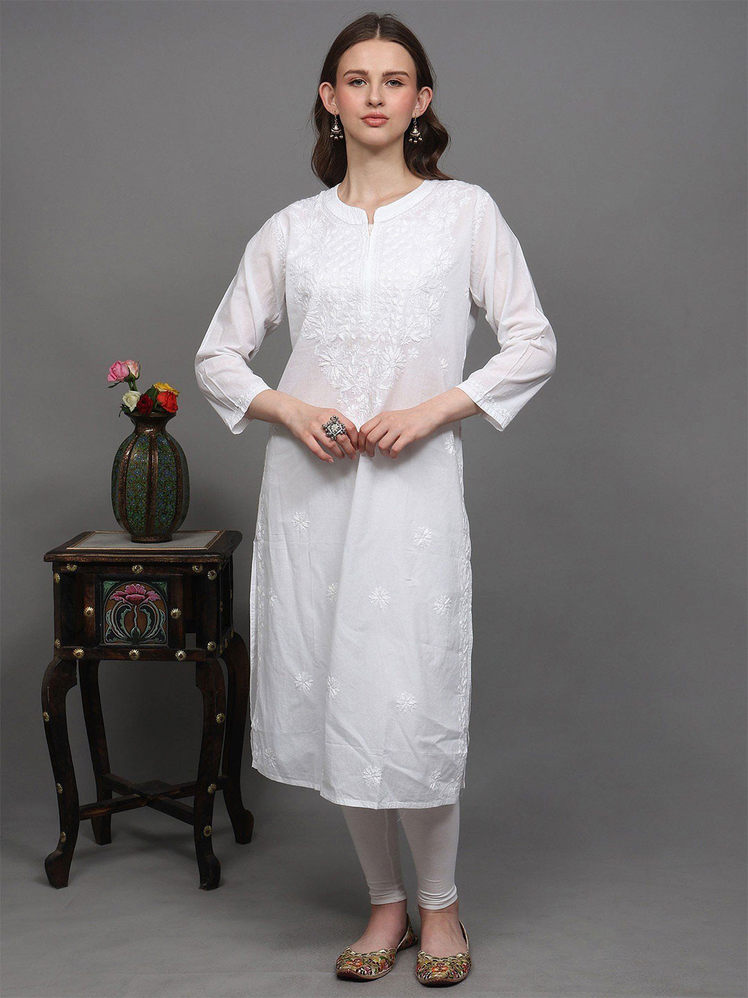 Exotic India Floral Embroidered Lukhnavi Chikankari Pure Cotton Straight Kurta
