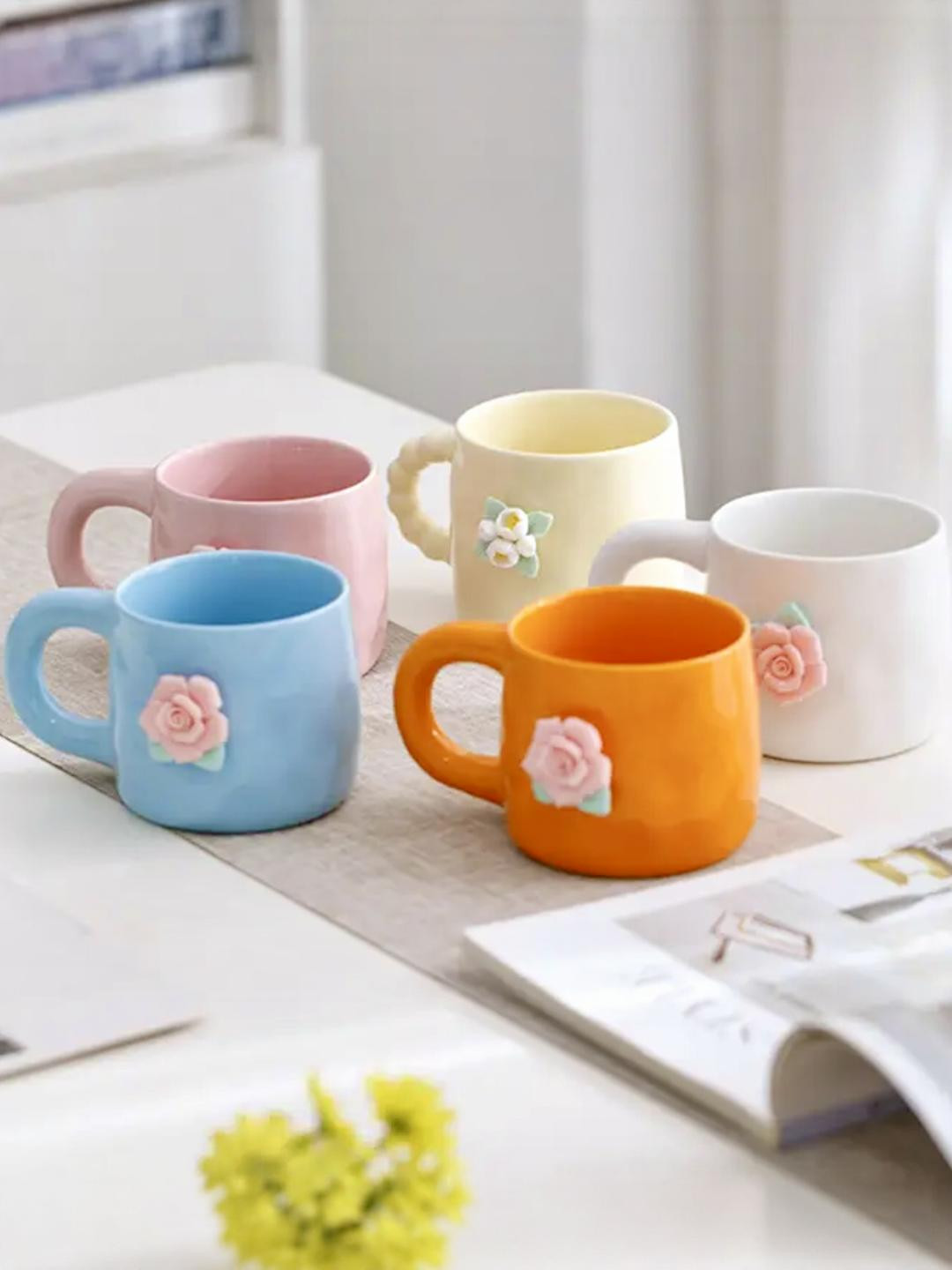 peppy little things White & Pink Floral Textured Ceramic Glossy Cups