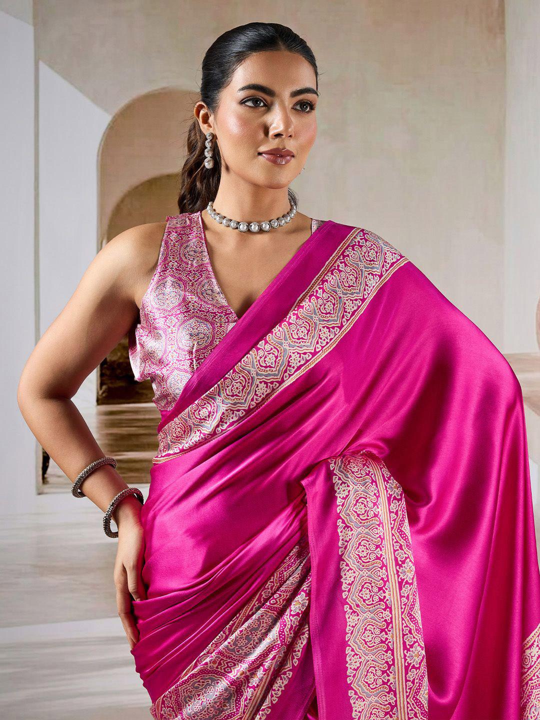 KALINI Ethnic Motifs Printed Satin Designer Ajrak Block Print Saree