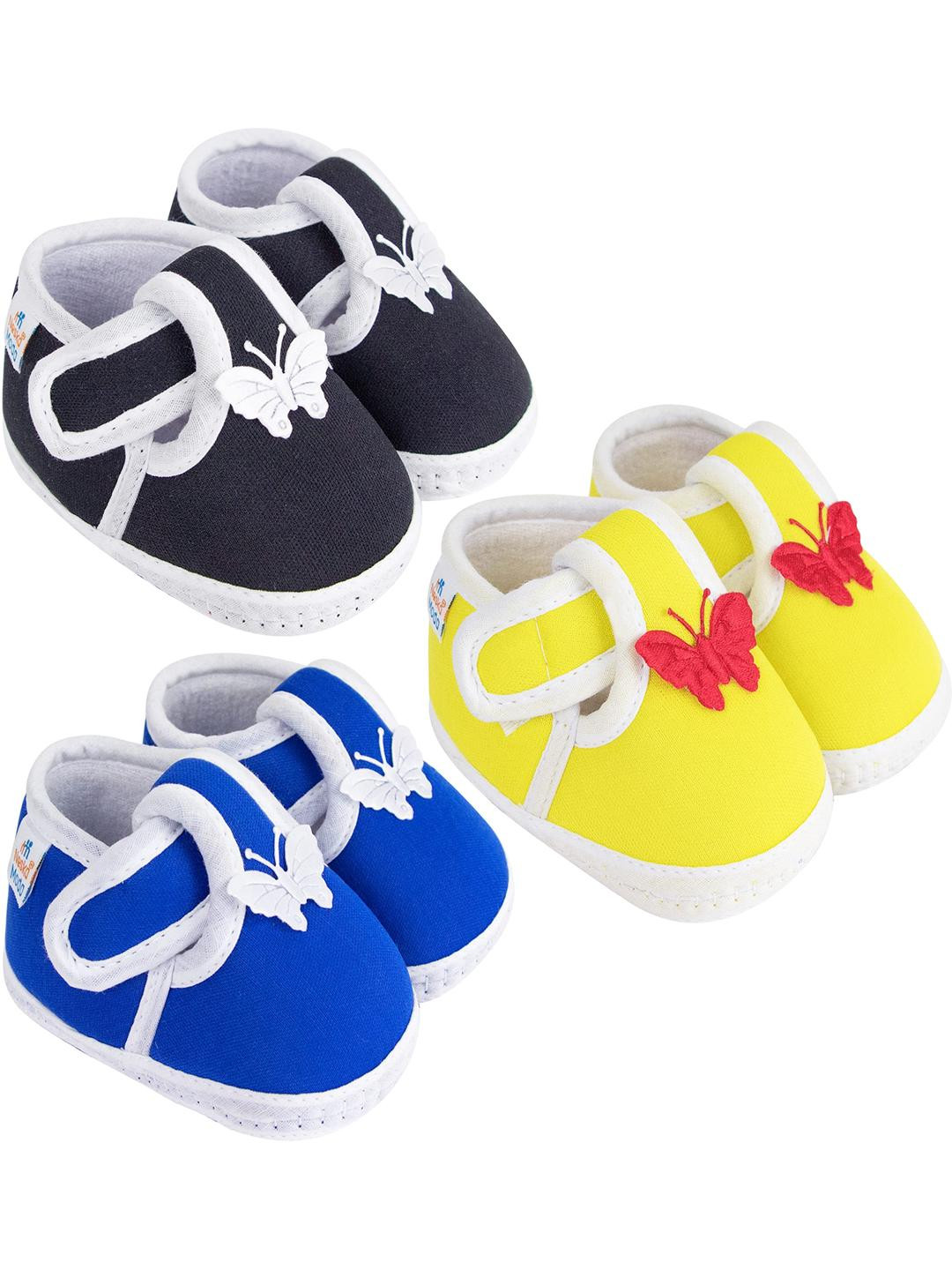 Neska Moda 0 To 12 Months Baby Boys & Baby Girls 3 Pair Combo Soft Cotton Butterfly Velcro Booties (Toe to Heel Length - 12 cm, Black, Blue, Yellow)