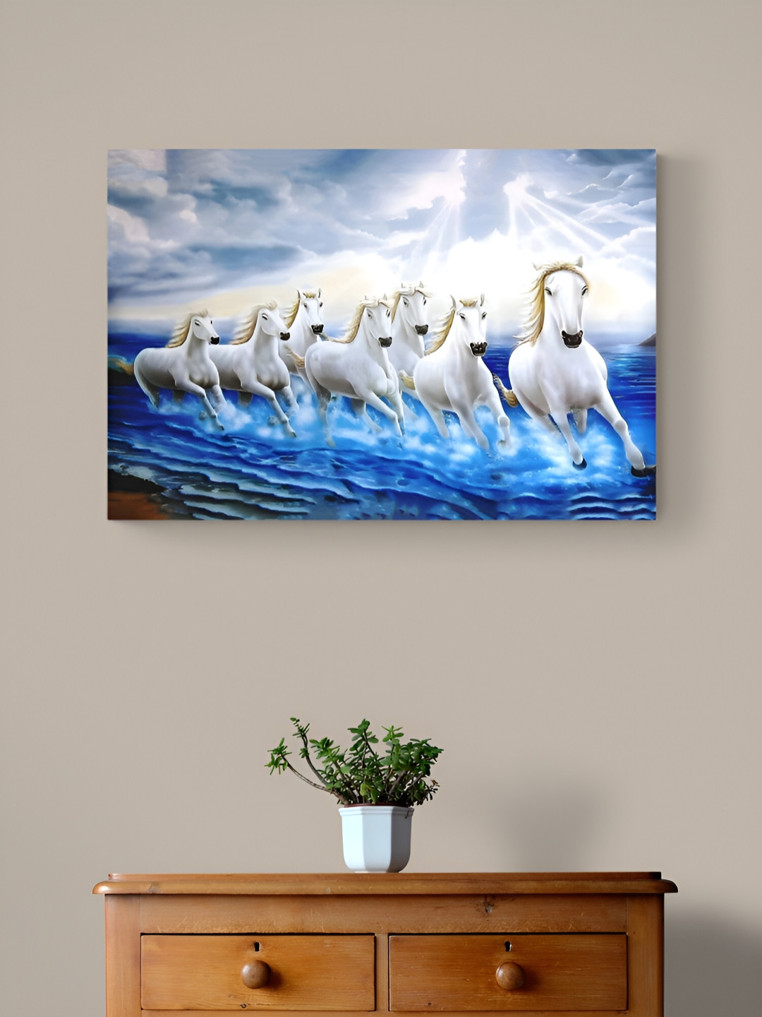Tushaco Handicrafts Blue & White Seven Horse Canvas Wall Art
