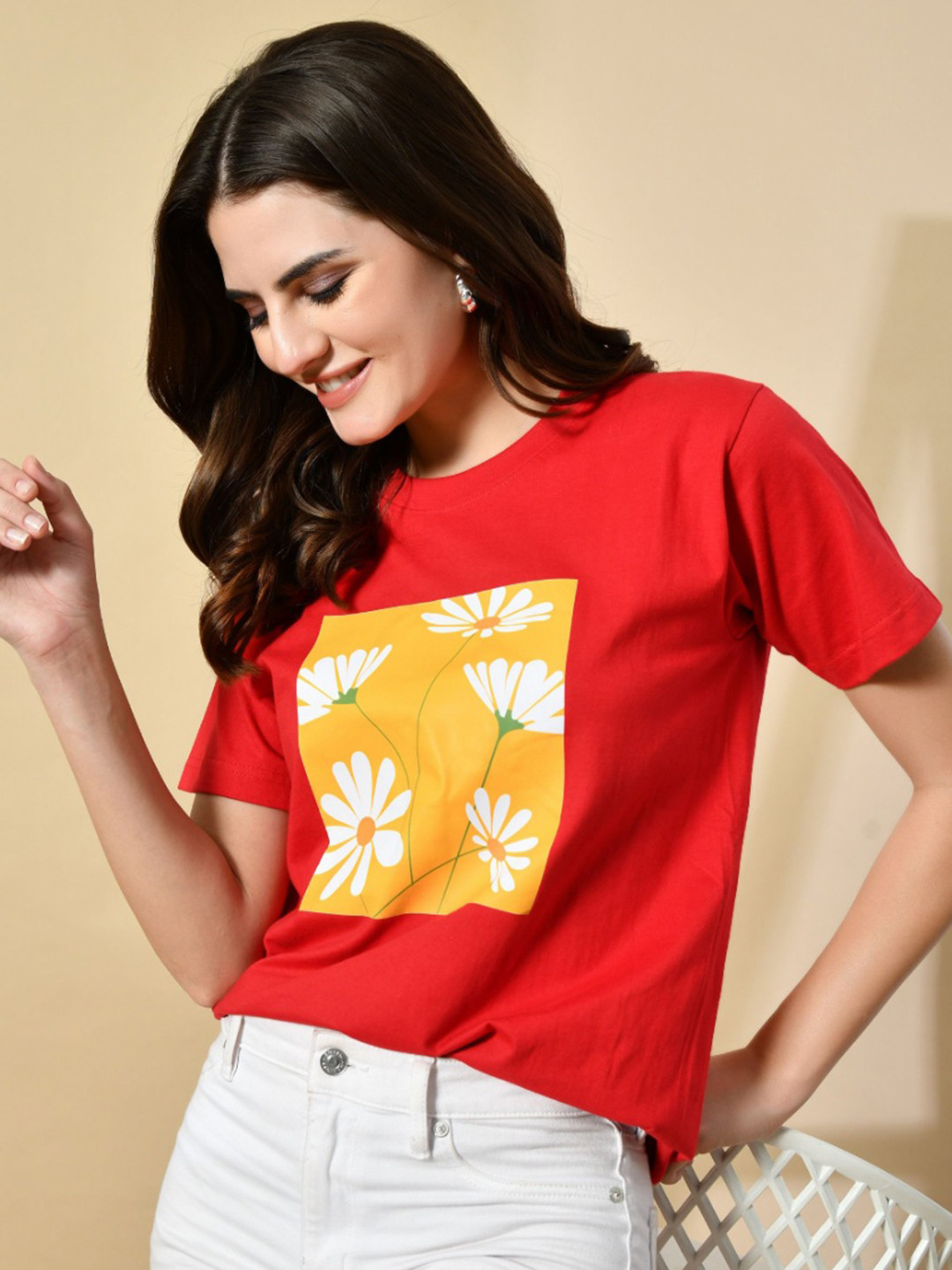 Myrung Floral Printed Round Neck Cotton Relaxed Fit T-shirt
