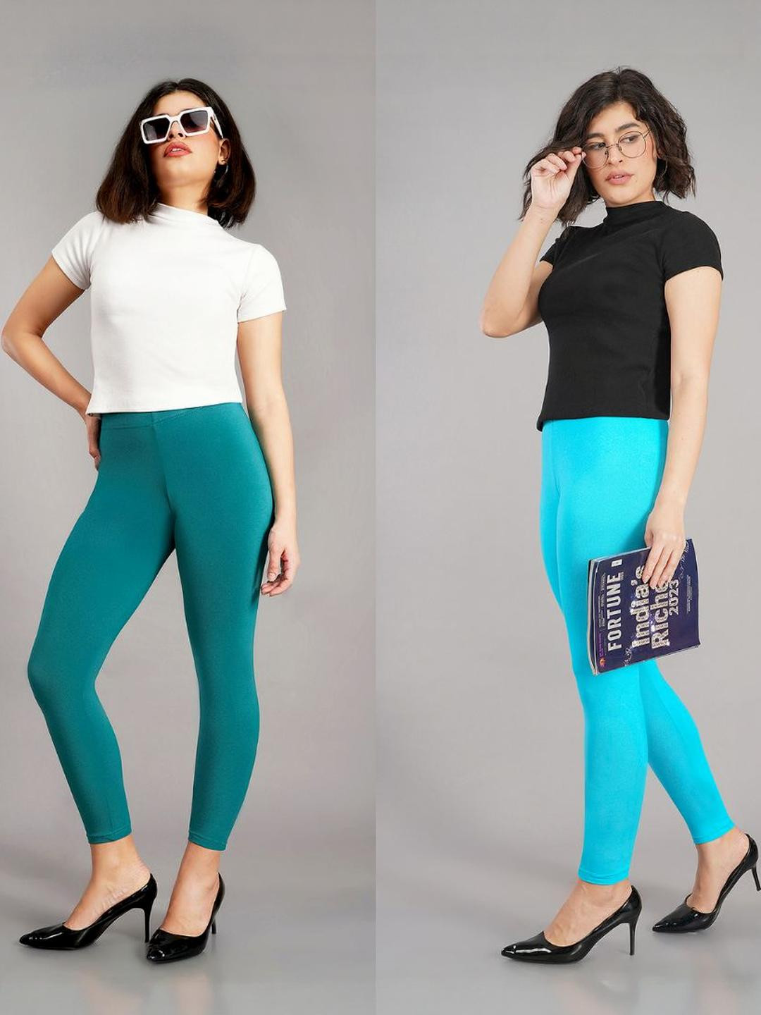 Avaasa Buy Shruthi Green & Blue Viscose Rayon Ankle Length Leggings