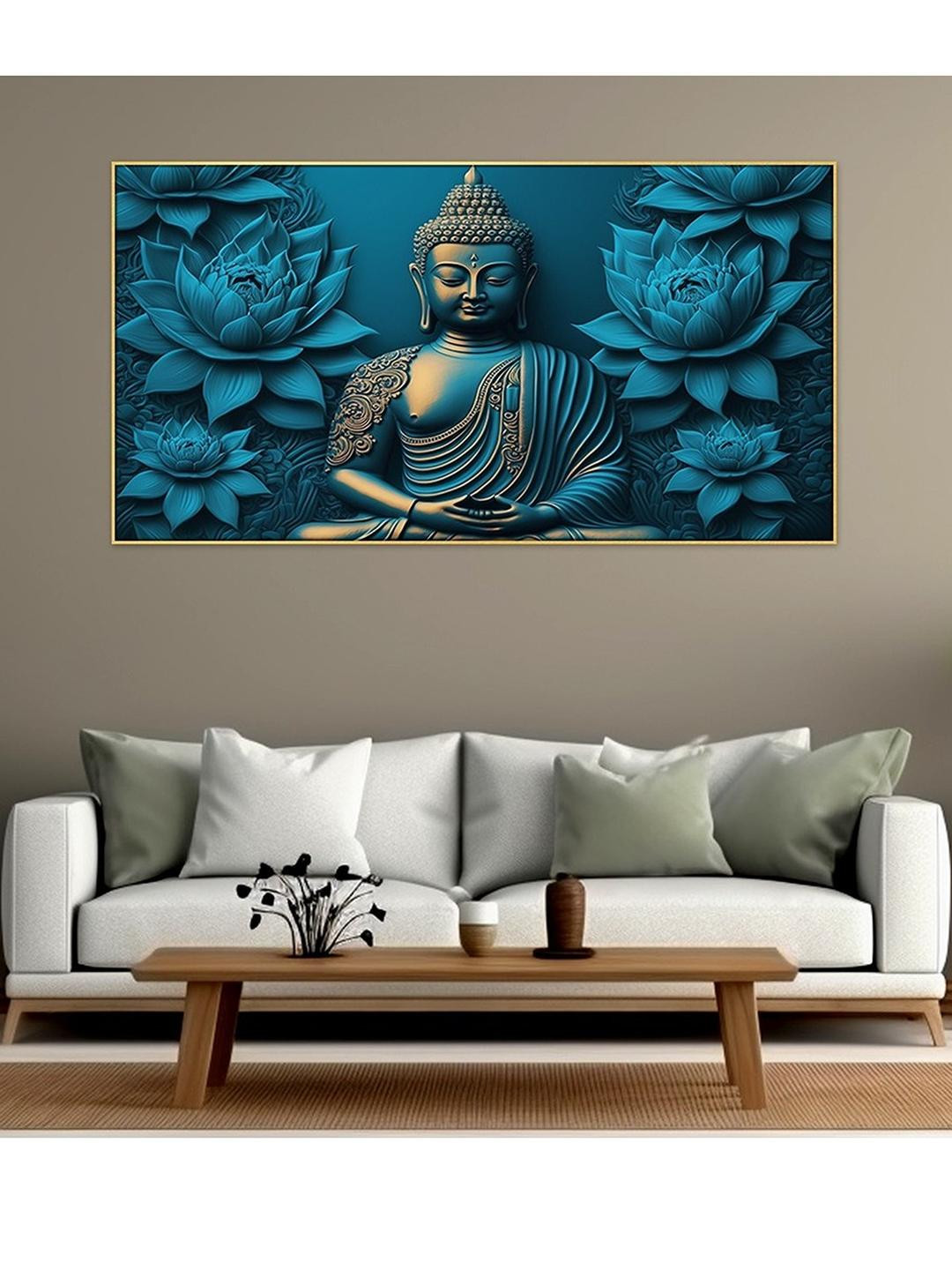 DEKORSTATION Blue & Gold-Toned 1 Piece Canvas Abstract Buddha Wall Paintings