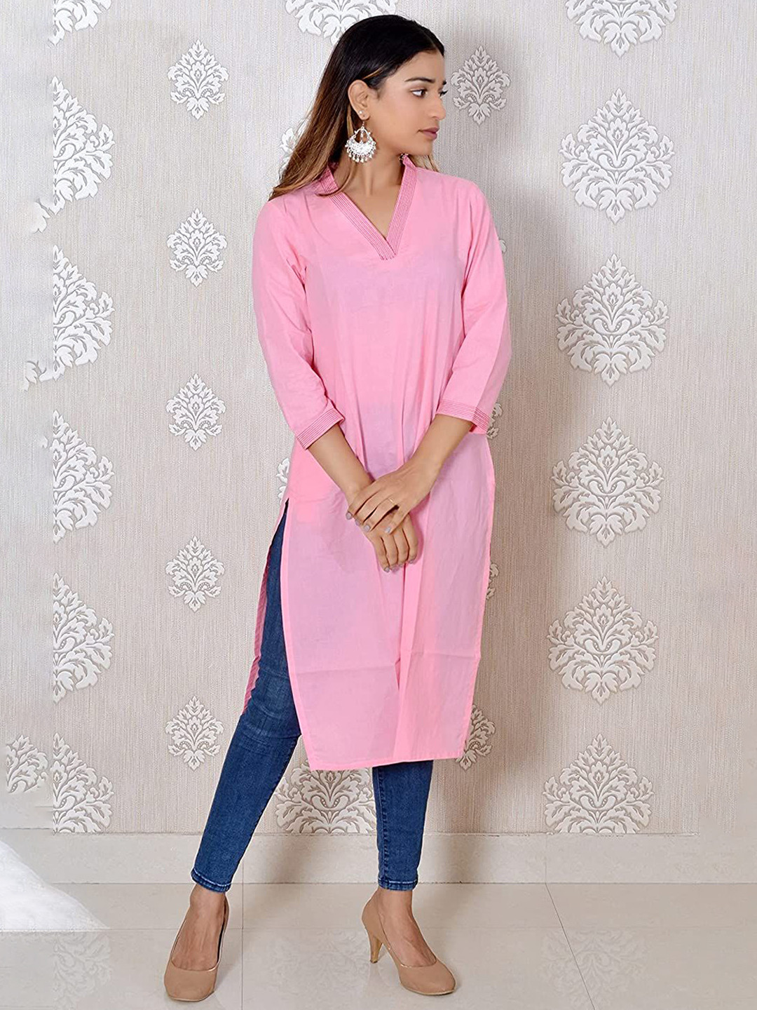 JAIPUR HAND BLOCK V Neck Pure Cotton Thread Work Straight Kurta