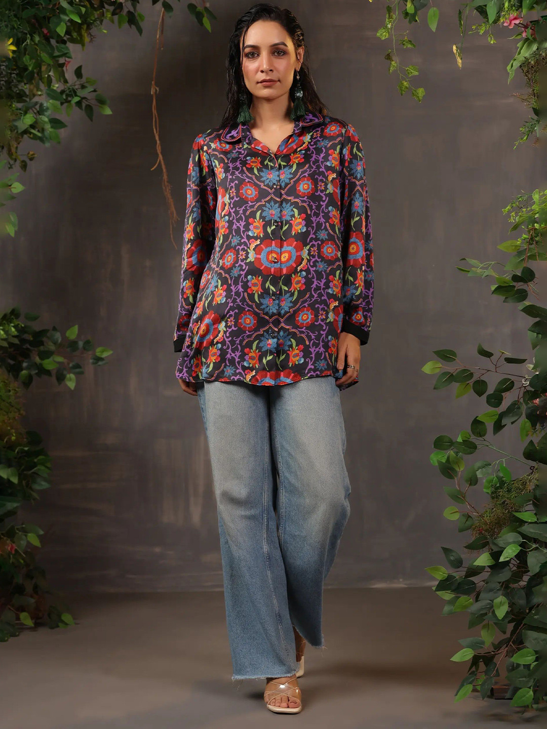 NILIMA CREATIONS Floral Print Shirt Collar Satin Crepe Shirt Style Top