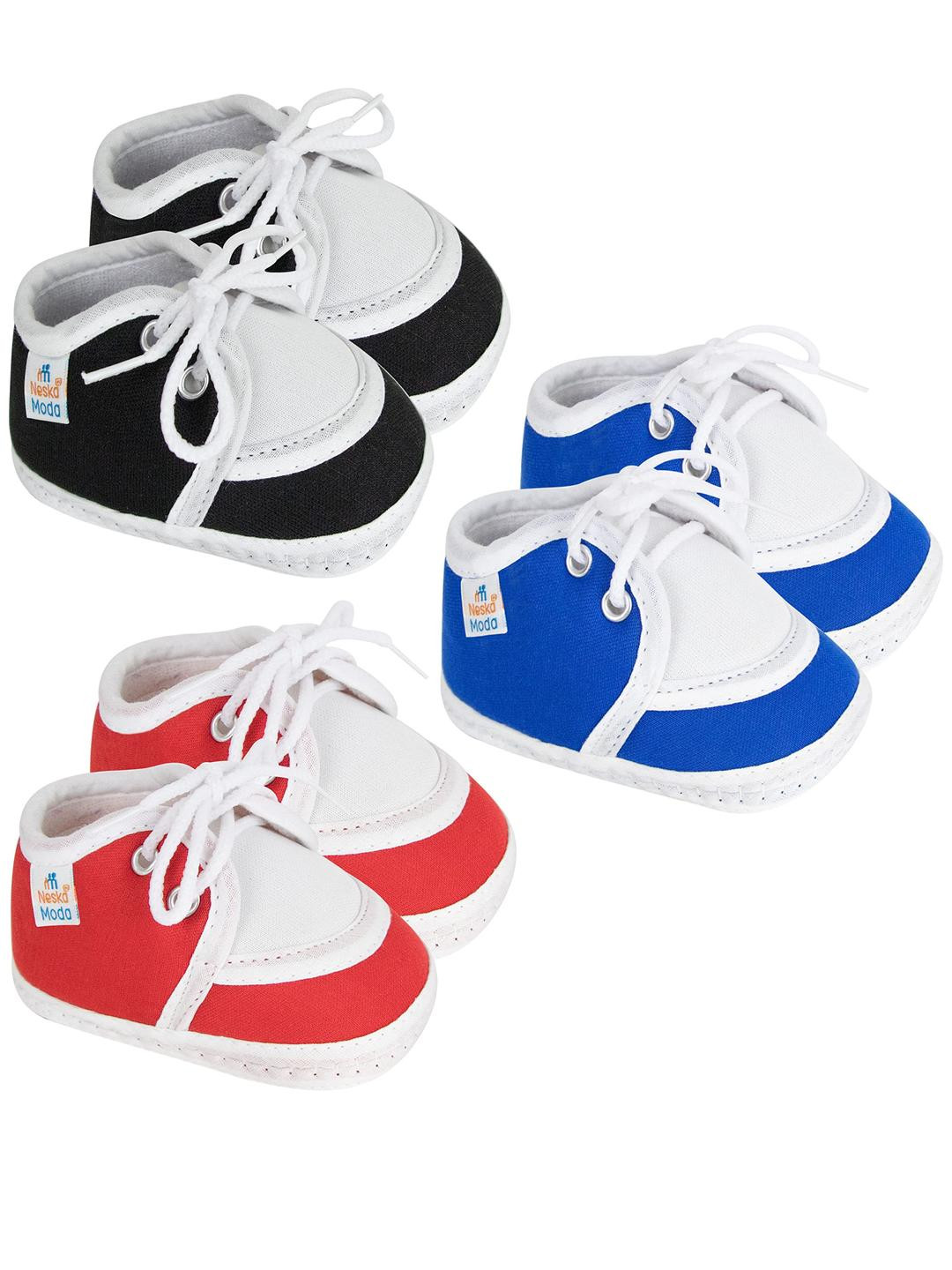 Neska Moda 0 To 12 Months Baby Boys & Baby Girls Pack of 3 Pair Combo Soft Cotton Lace Booties (Toe to Heel Length - 12 cm, Black, Blue, Red)