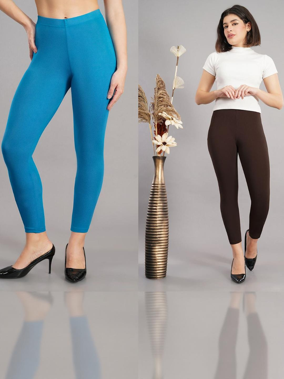 Avaasa Buy Shruthi Turquoise Blue & Coffee Brown Pack Of 2 Ankle Length Leggings