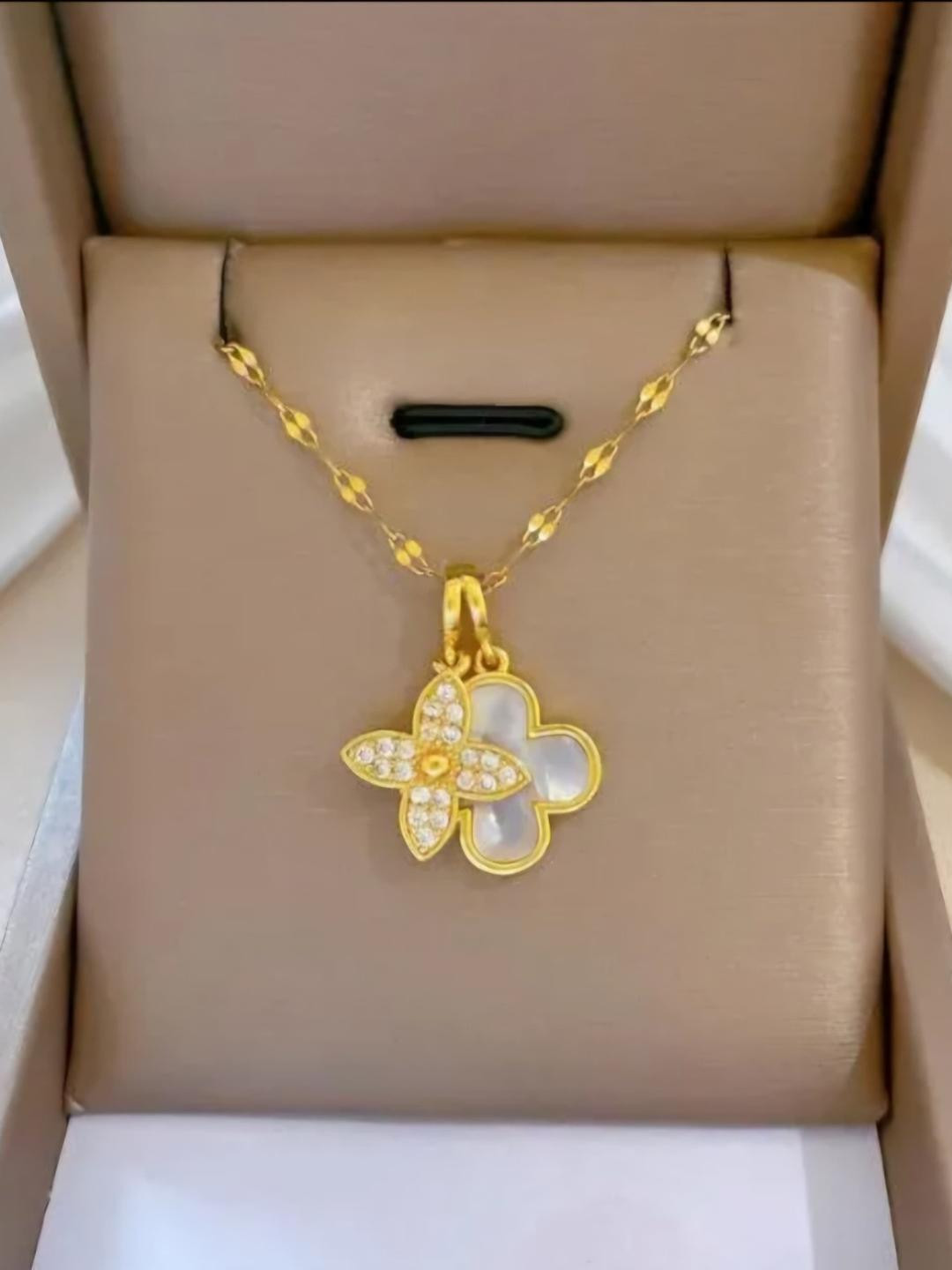 Khusha Creations Gold-Plated Floral Pendant White Enamel Detail Necklace