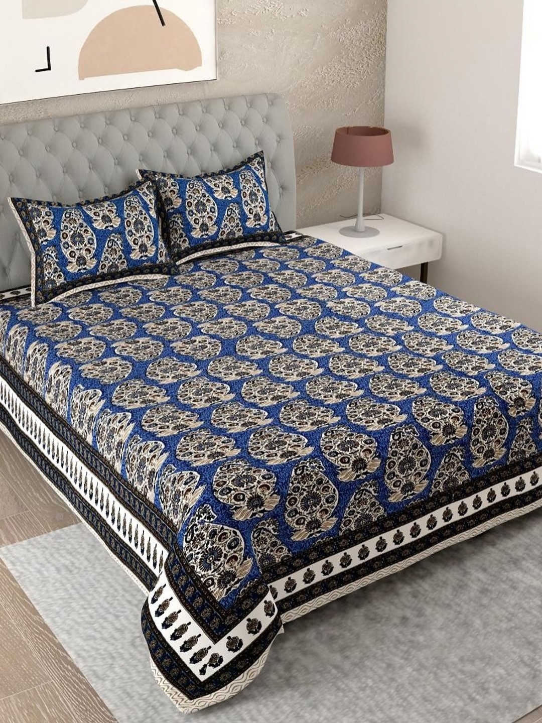 Bombay Spreads Blue & Black Printed Pure Cottton 180 TC King Bedsheet Set-2.74 m x 2.20 m