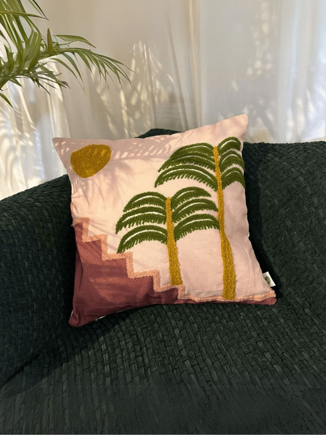 LUSHLYF Pink & Mustard Sunset Steps Embroidered Pure Cotton Square Cushion Cover