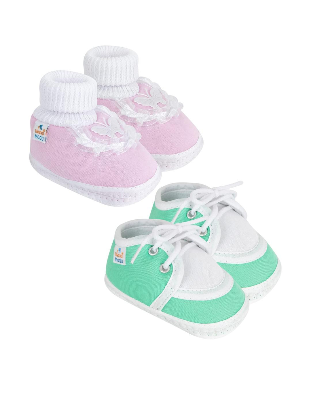 Neska Moda 3 To 12 Months Baby Boys & Baby Girls Set of 2 Pair Cute Soft Cotton Pre-Walker Booties (Toe to Heel Length - 12 cm, Baby Pink, Mint)