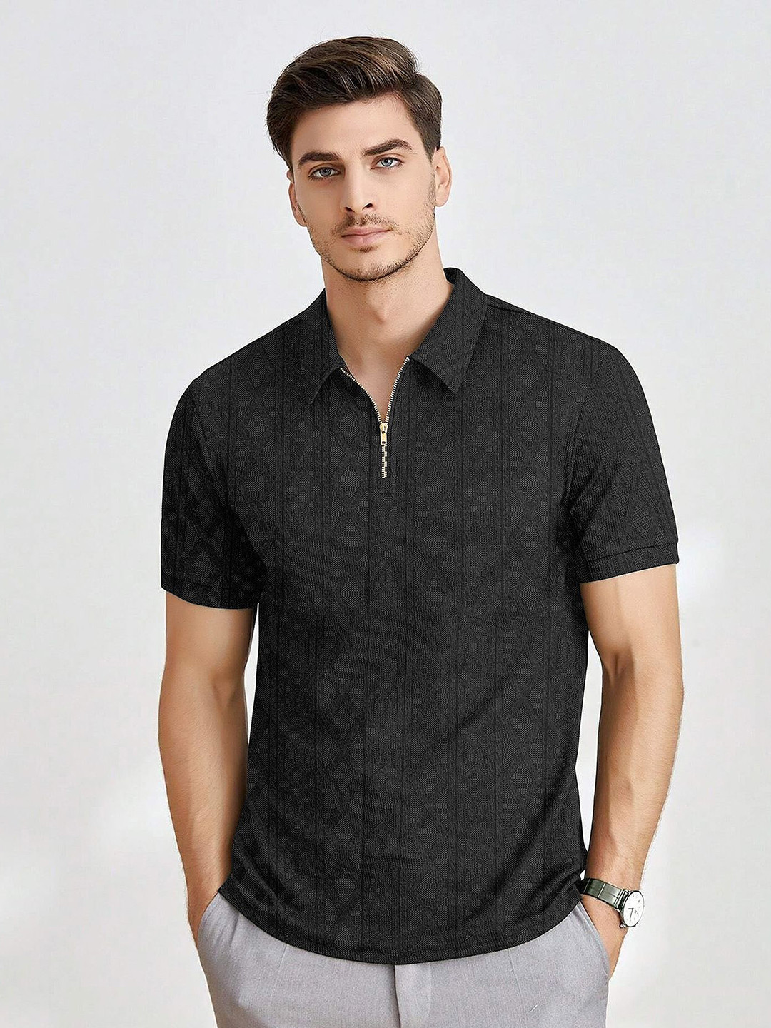 KAJARU Men Self Design Polo Collar T-shirt