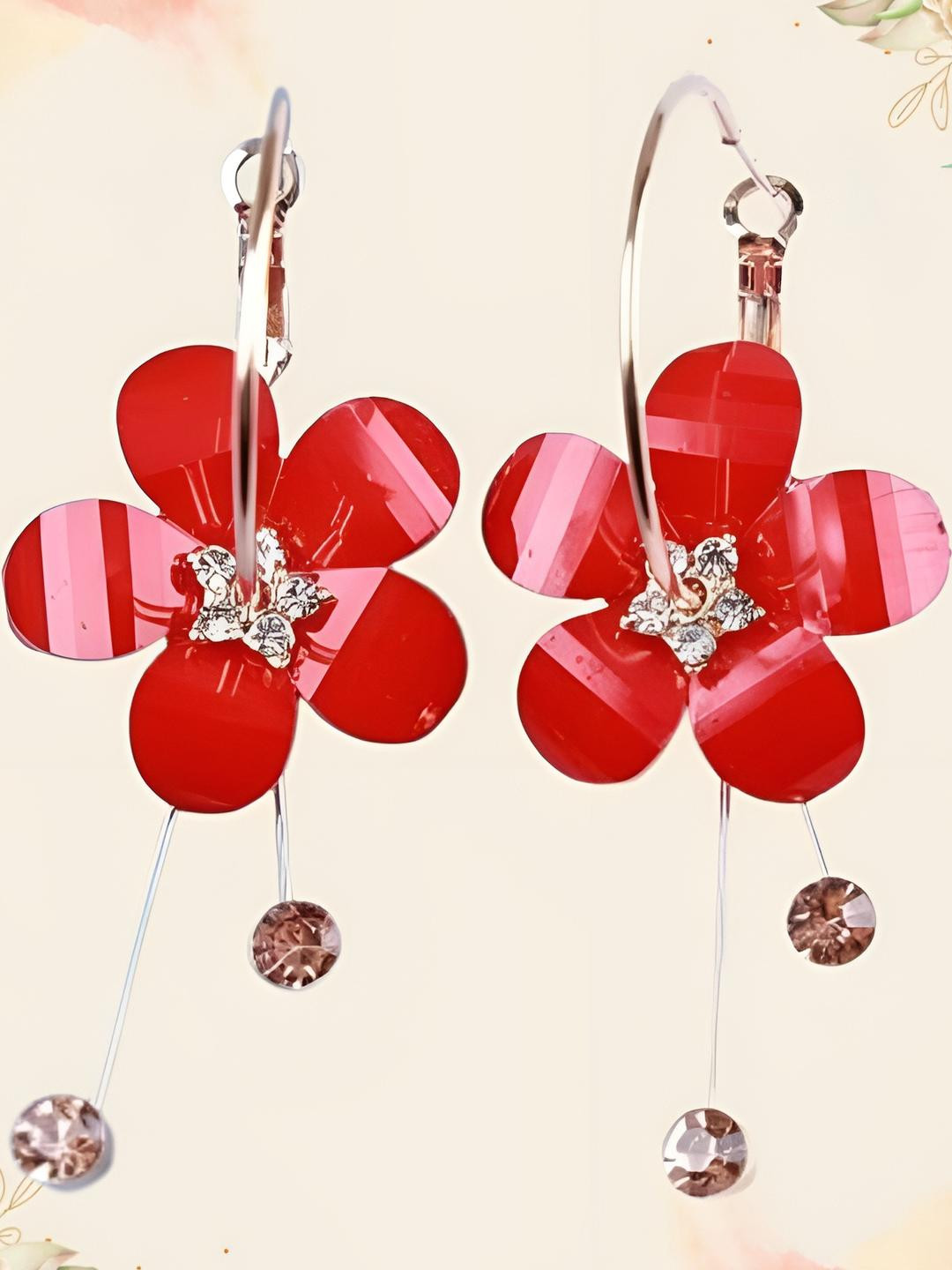 AKISON JEWELS Red Flower Dangling Ends Hoop Earrings