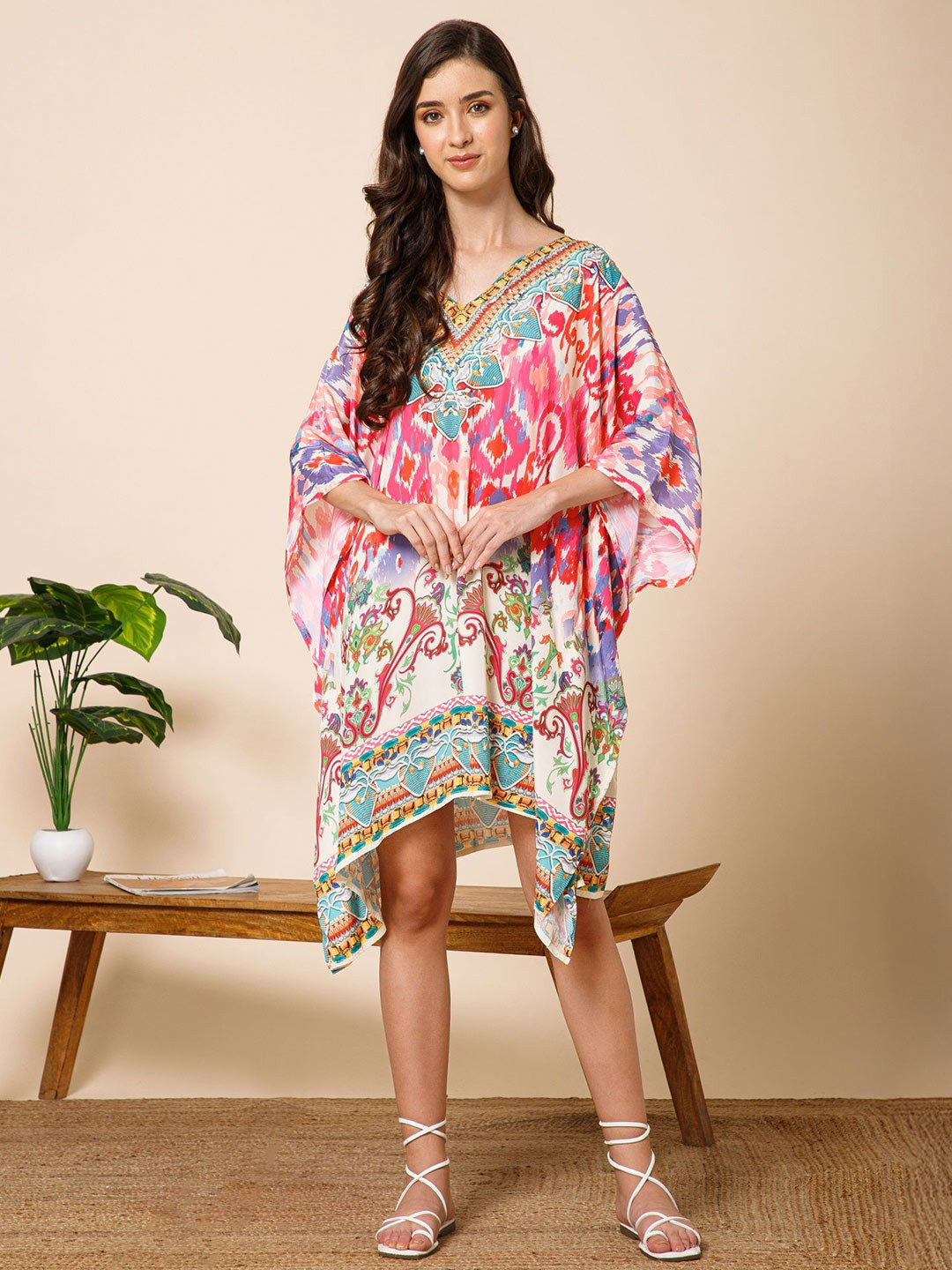 Aditi Wasan Ethnic Motifs Print Kimono Sleeve Satin Kaftan Midi Dress