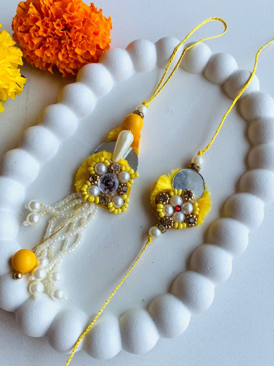 I Jewels Set of 2 Yellow Pearl Studded & Beaded Bhaiya Bhabhi Rakhis