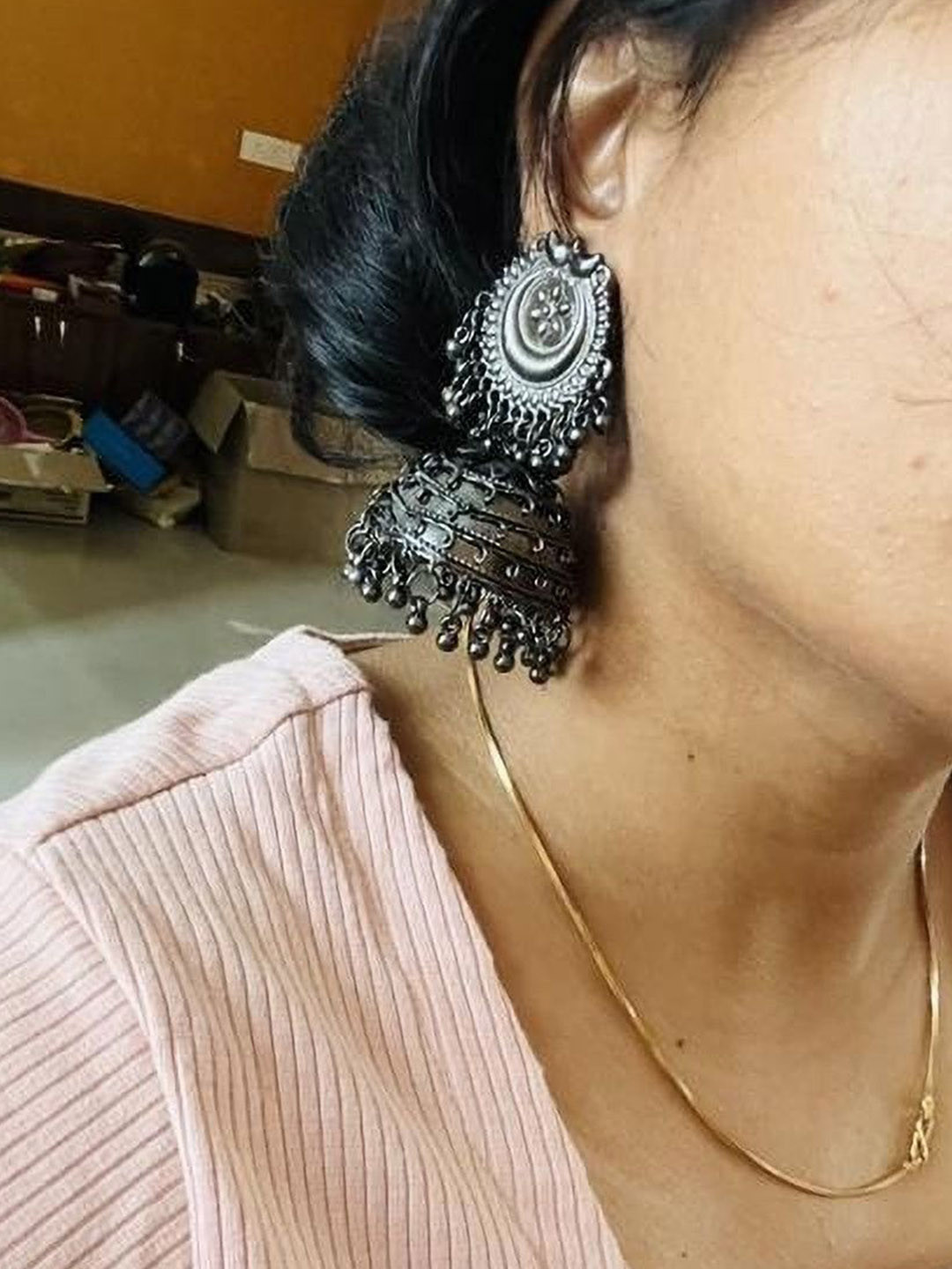 Sangria Silver-Plated Artificial Beaded Dome Shaped Oxidised Jhumkas