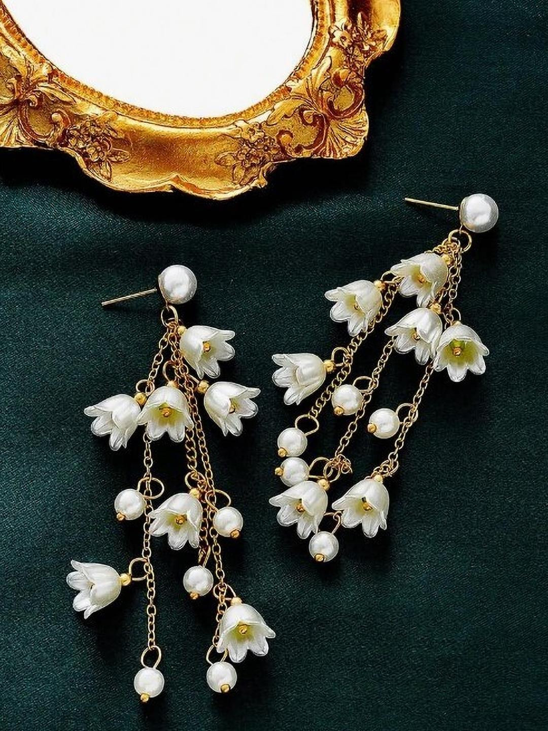 AKISON JEWELS White Gold-Toned Floral Pearl Chain Drop Earrings