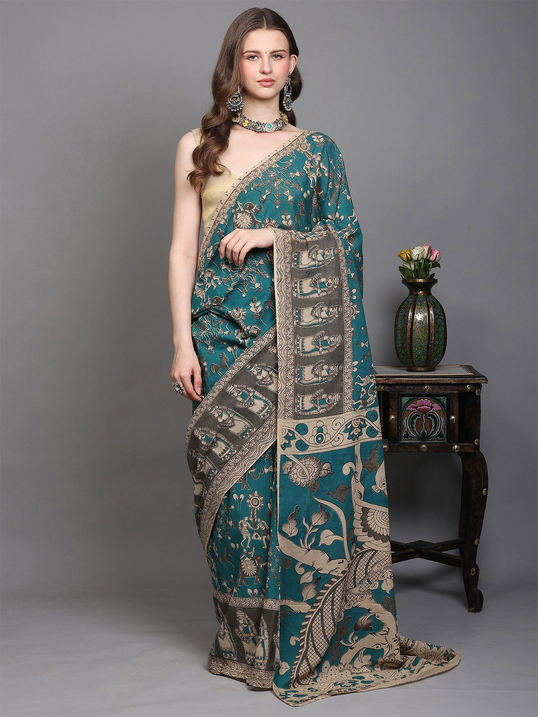 Exotic India Kalamkari Saree with Printed Warli Folk Art Motifs and Peacock-Elephant