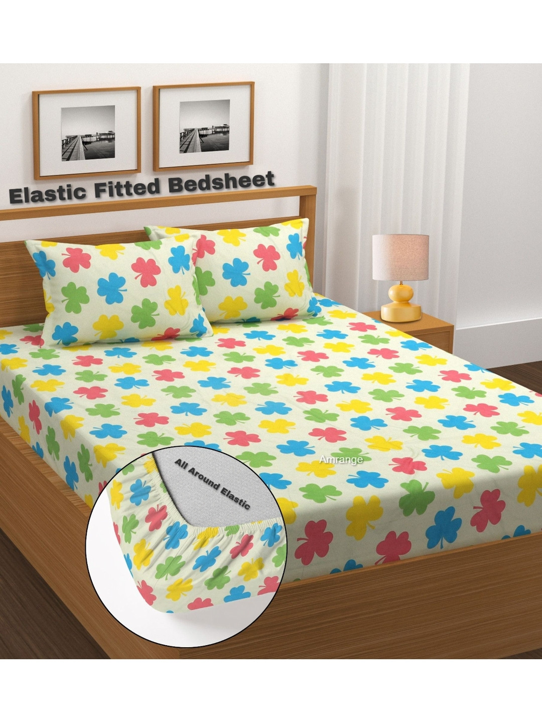AMRANGE White & Pink Printed Fitted Microfiber 210 TC Double King Bedsheet Set 1.8m x 1.9m