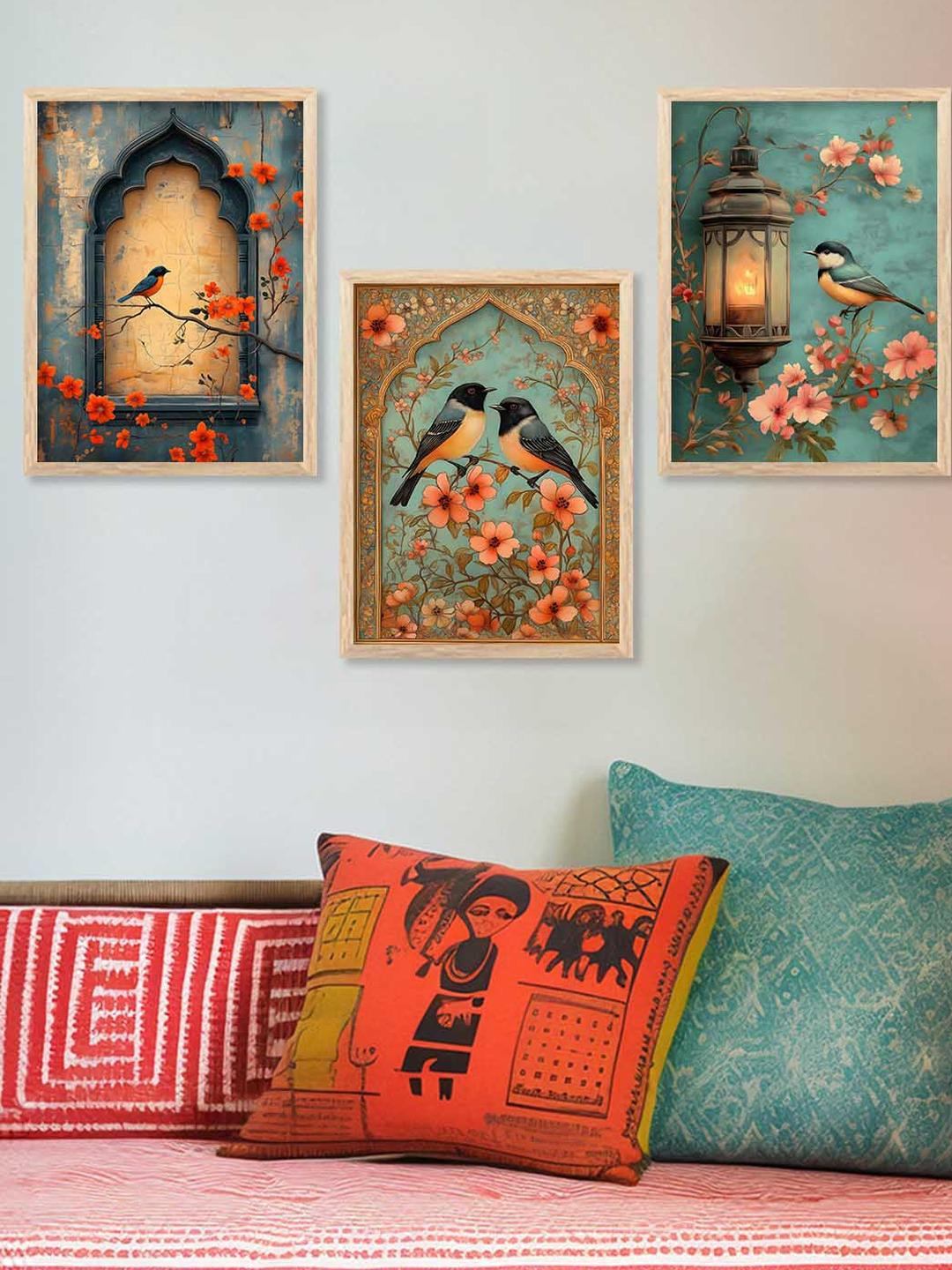 WALLLANE 3 Piece Multicoloured Wood Bird and Botanical Wall Painting