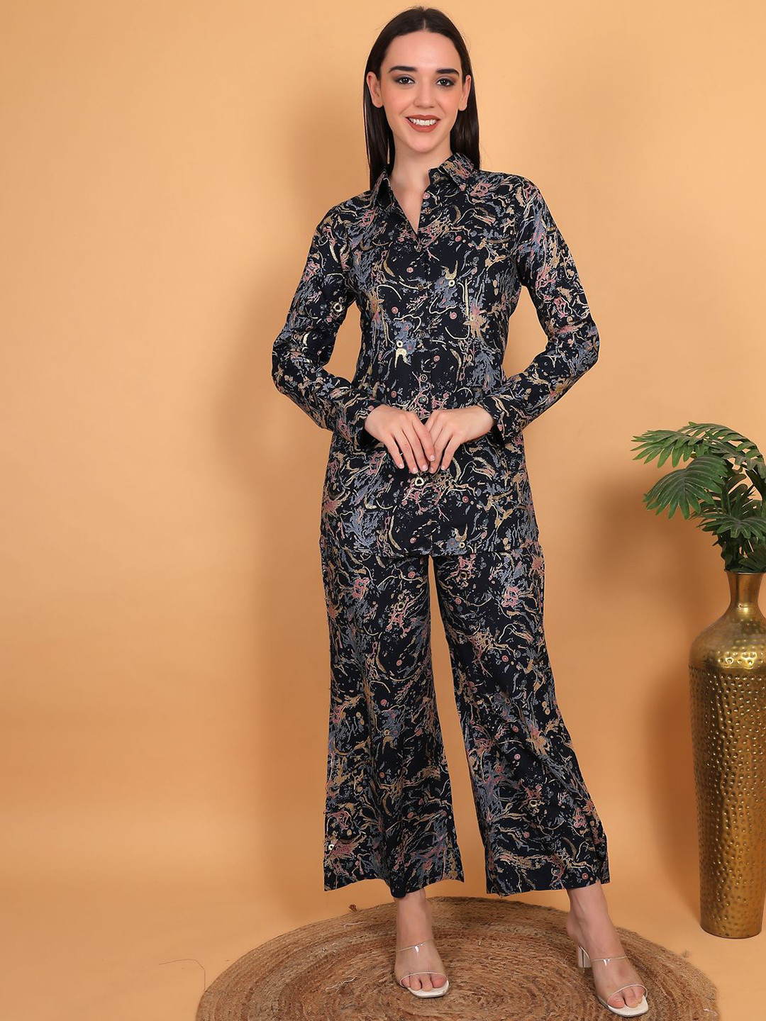 chia fashions Printed Shirt Collar Top With Palazzos Co-Ords