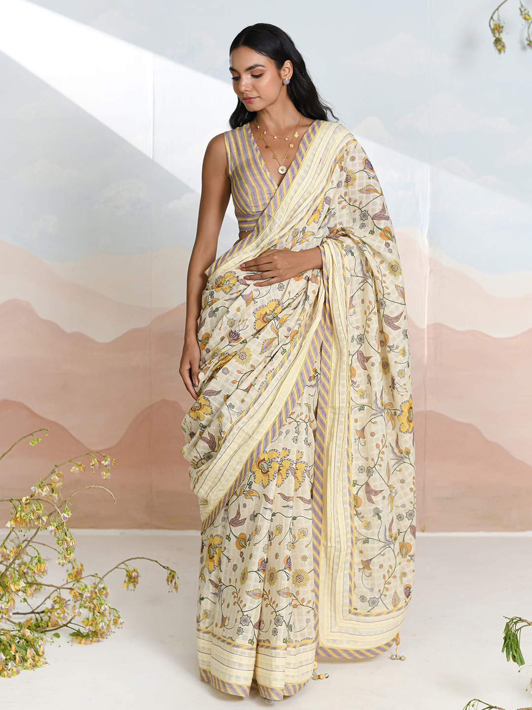 Baise Gaba Bloomline Set Of 2 Ethnic Motifs Printed Saree with Stitched Blouse