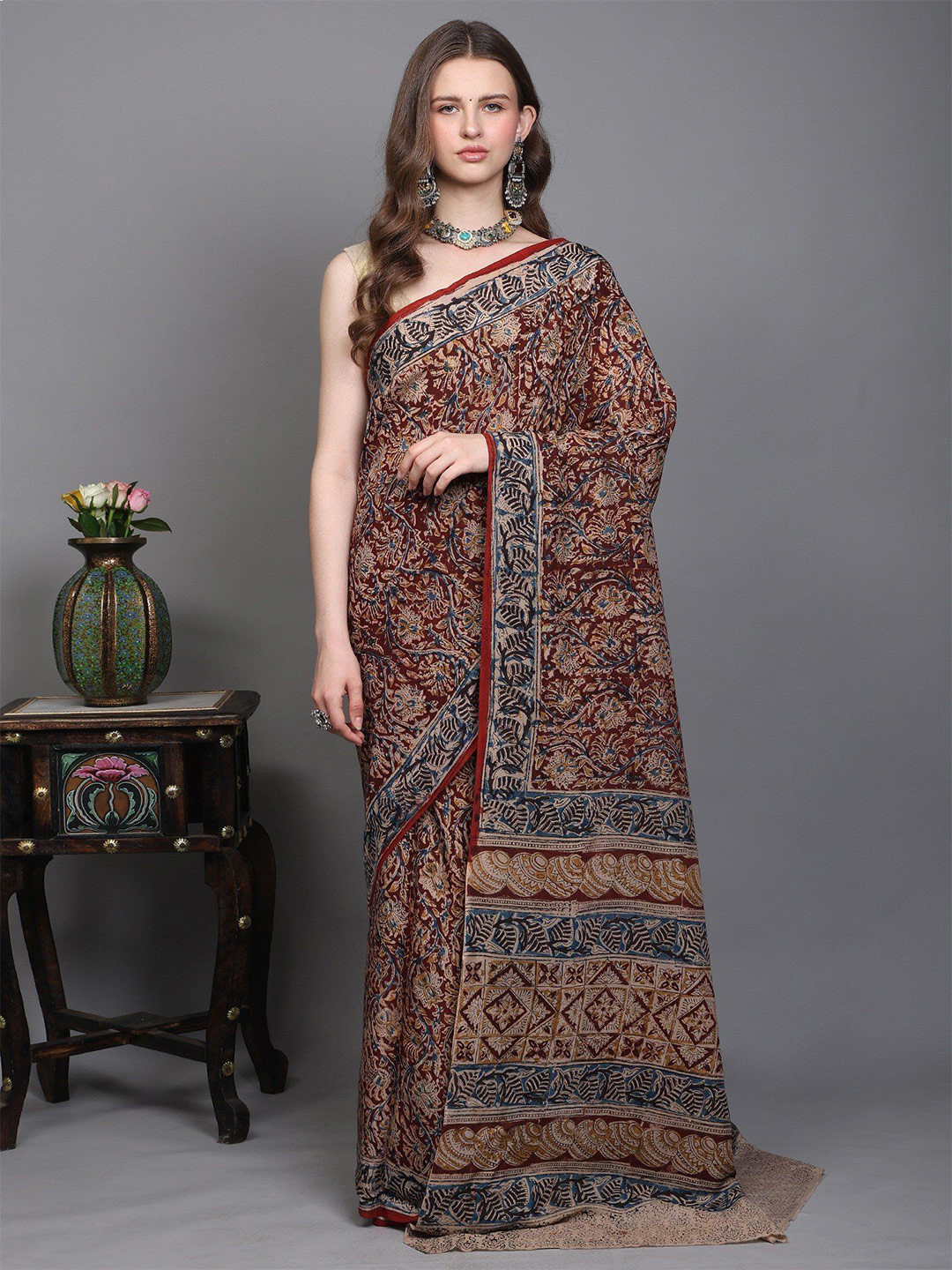 Exotic India Red-Pear Handblock Kalamkari Printed Flowers Saree from Telangana