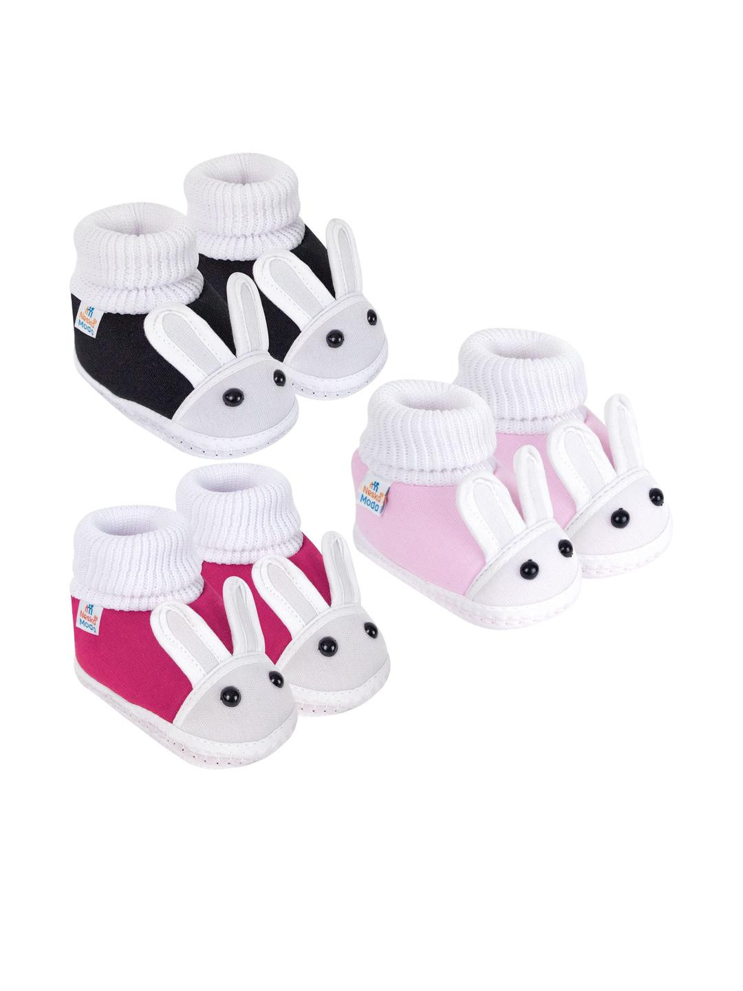 Neska Moda 0 To 12 Months Baby Boys & Baby Girls Combo Pack 3 Pair Soft Cotton Rabbit Face Booties (Toe to Heel Length - 12 cm, Black, Pink, Baby Pink)