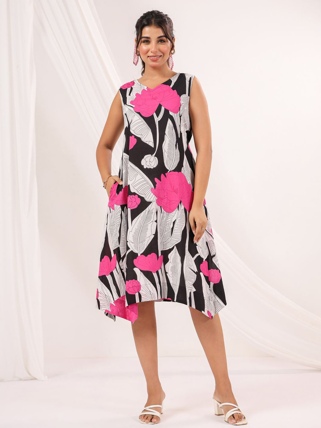 Janasya Women's Black Pure Cotton Floral Printed Handkerchief Dress