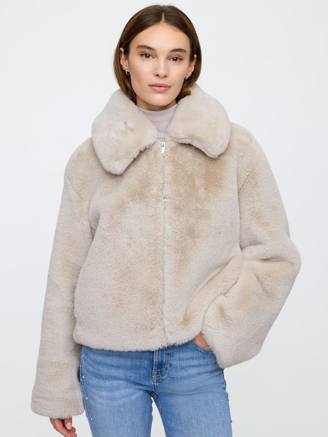 GAP Relaxed-Fit Spread Collar Full-Zip Fur Jacket