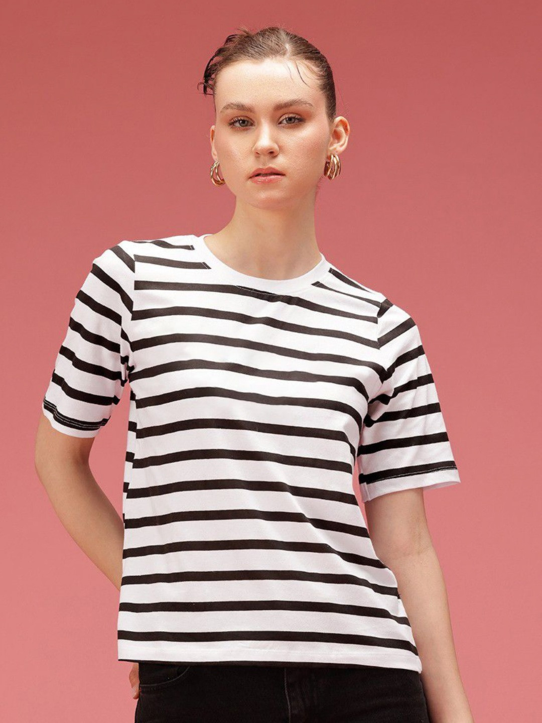 TOGS & TERRE Striped Round Neck Oversized Organic Cotton T-shirt