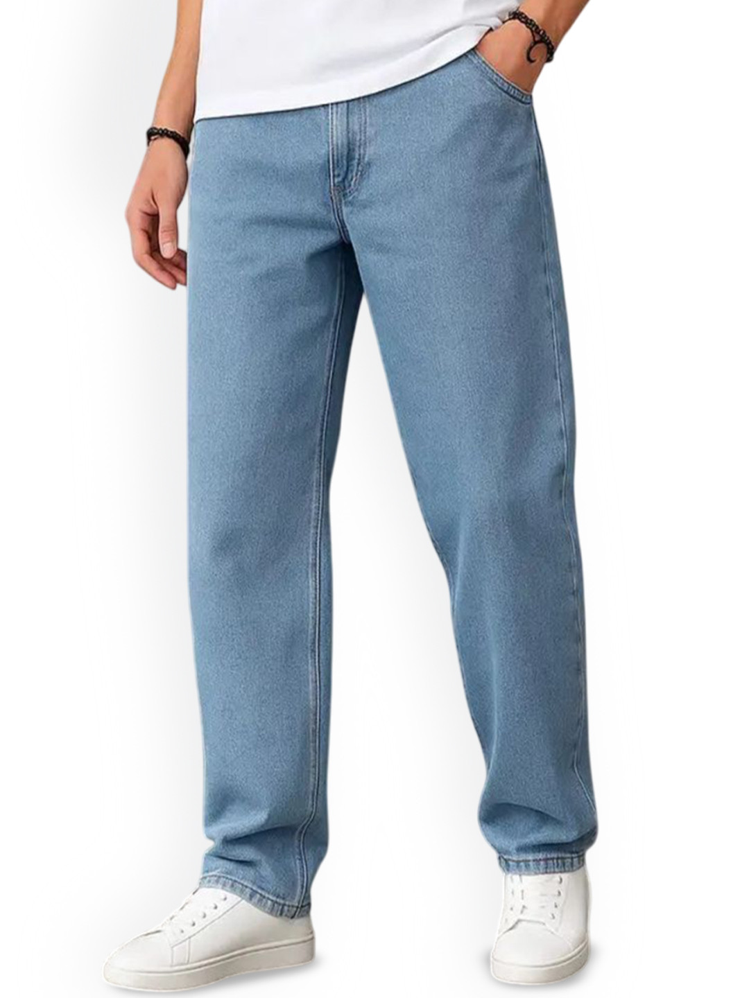 Playfeel Men Jean Baggy Fit Mid-Rise Clean Look Non Stretchable Cotton Jeans
