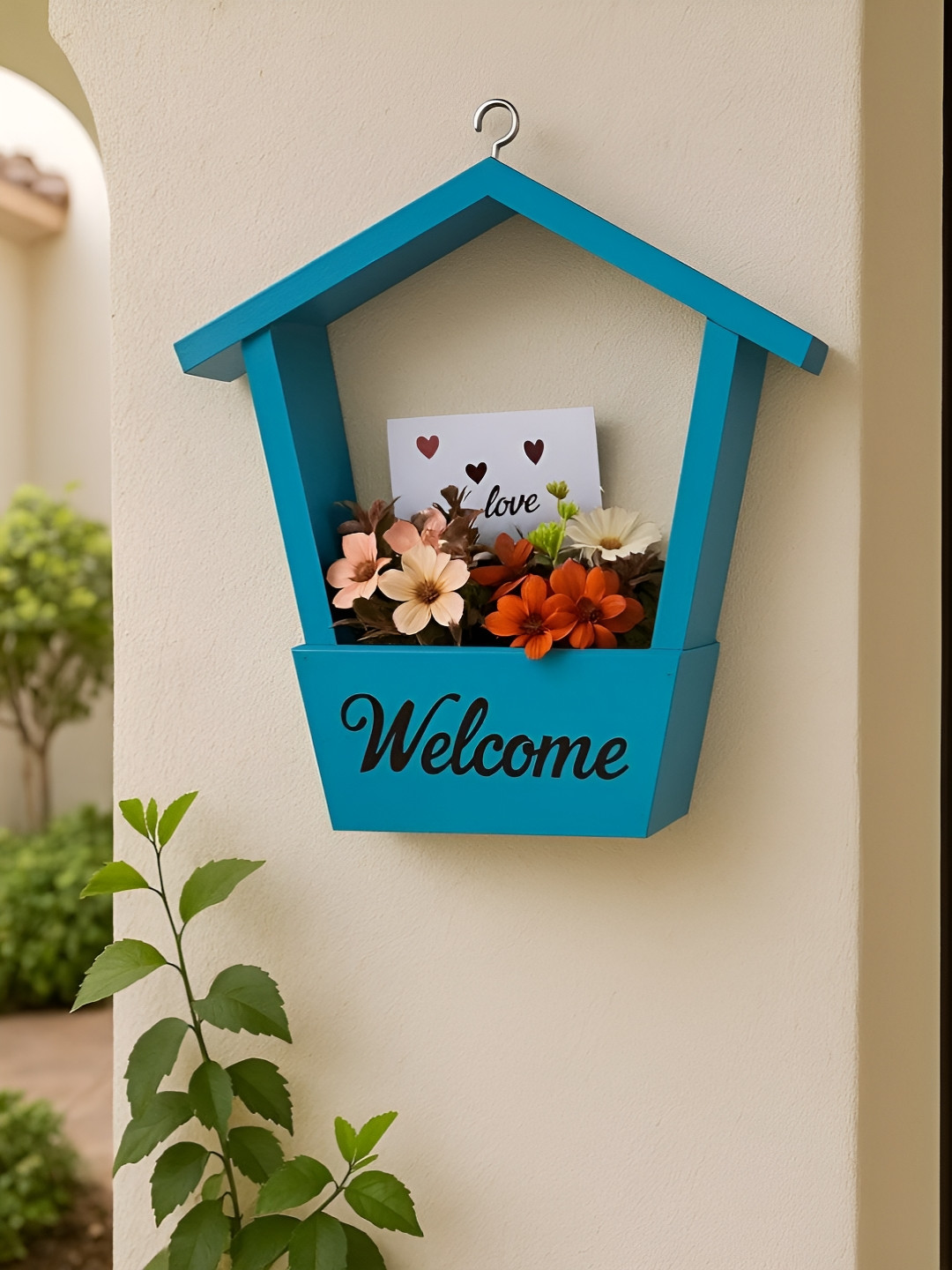 GLOBALLY INDIAN Hanging Shelf with Flowers Wood Bohemian Matte Hall Wall Hangings-3.9In