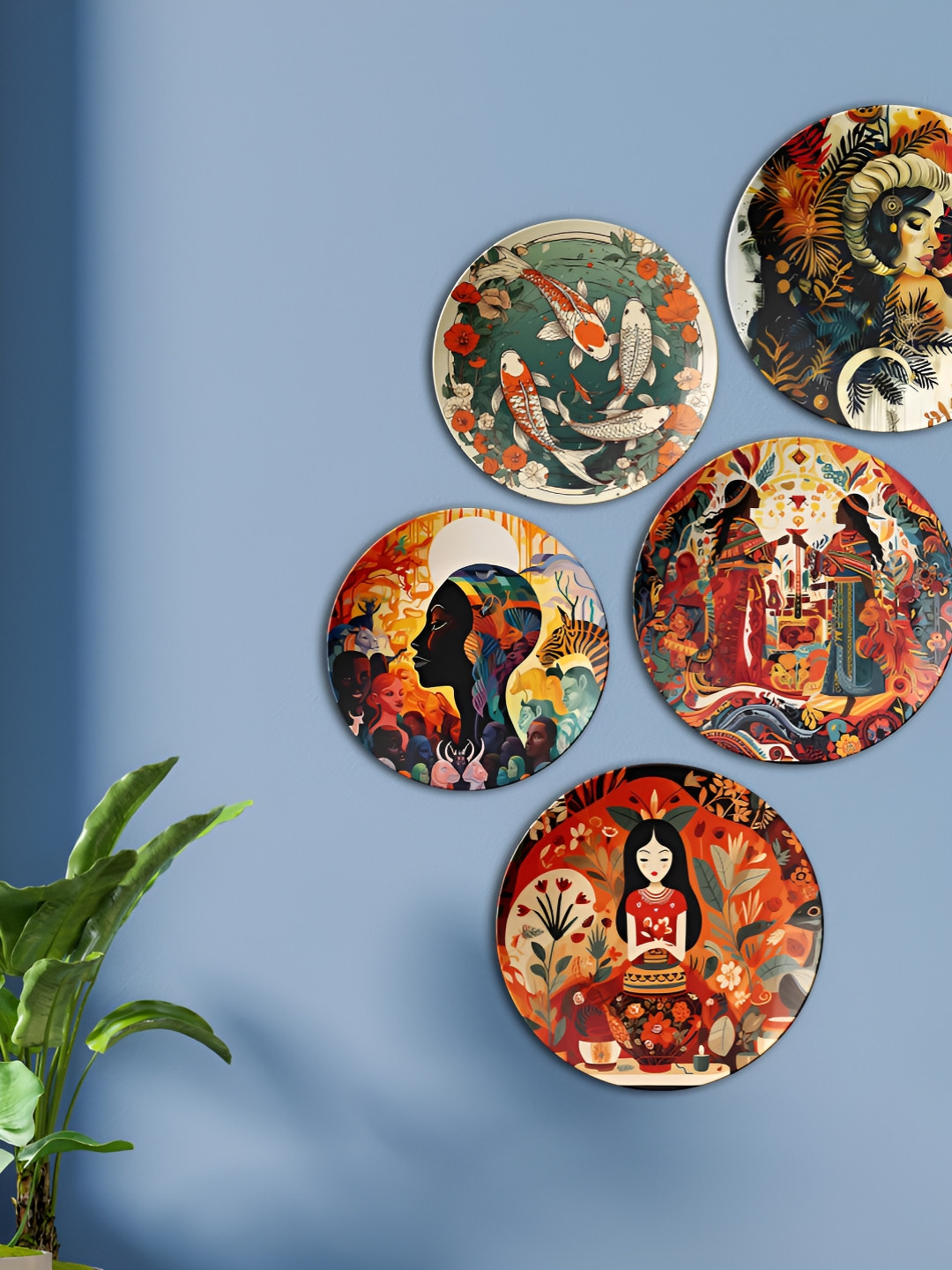 THE QUIRKY HOME Wonders Crafted Ceramics Glossy Hanging Hall 5Pcs Wall Plates-10In