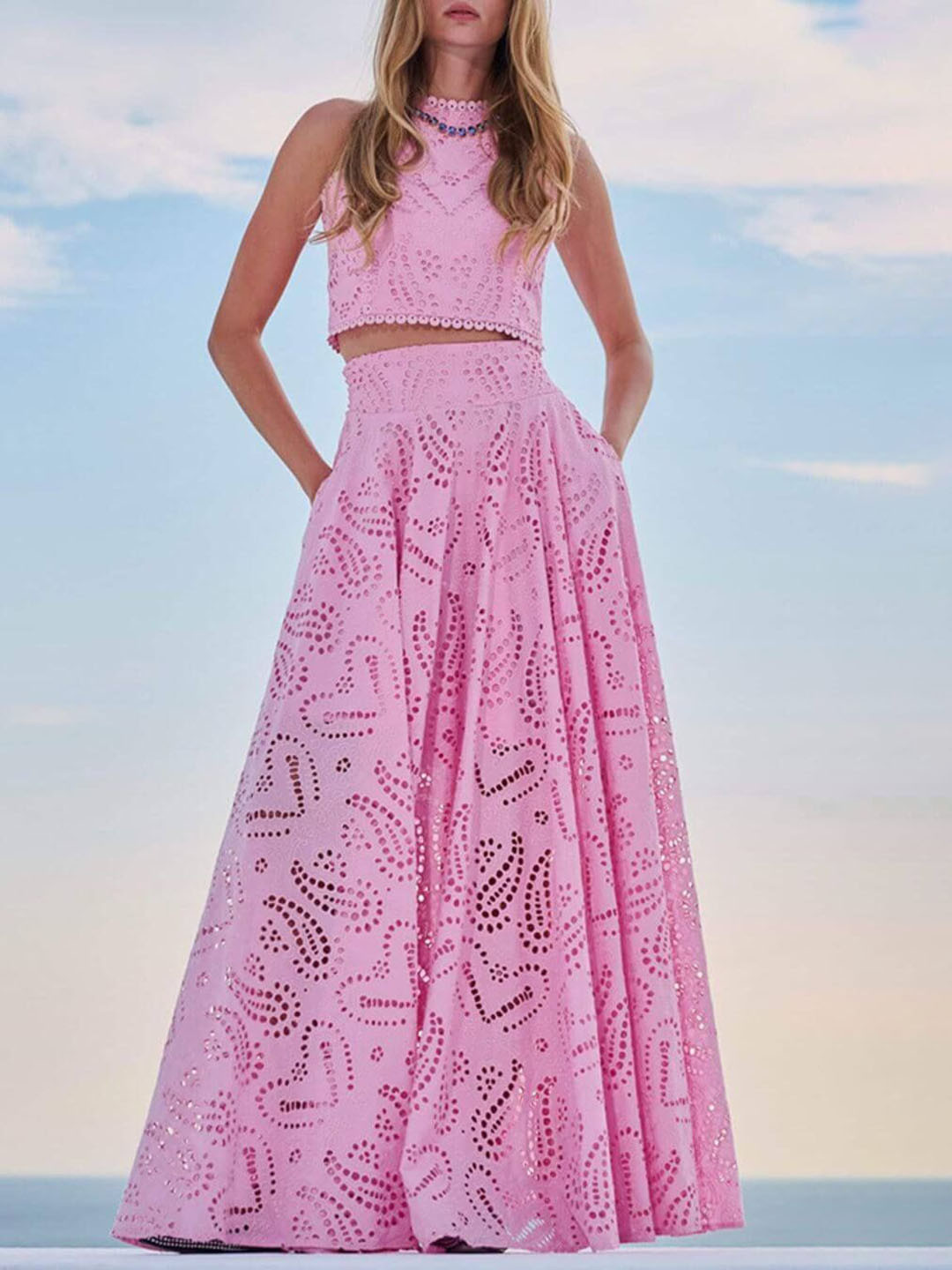 Miss Mosa By Akanksha  Pink Celine Eyelet Summer Coord Set