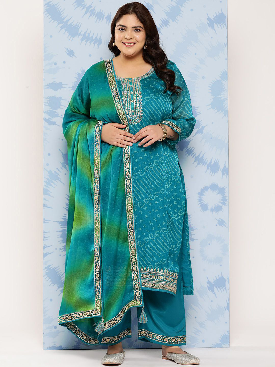 EXTRA LOVE BY LIBAS Plus Size Bandhani Printed Chiffon Zari Kurta & Palazzos With Dupatta