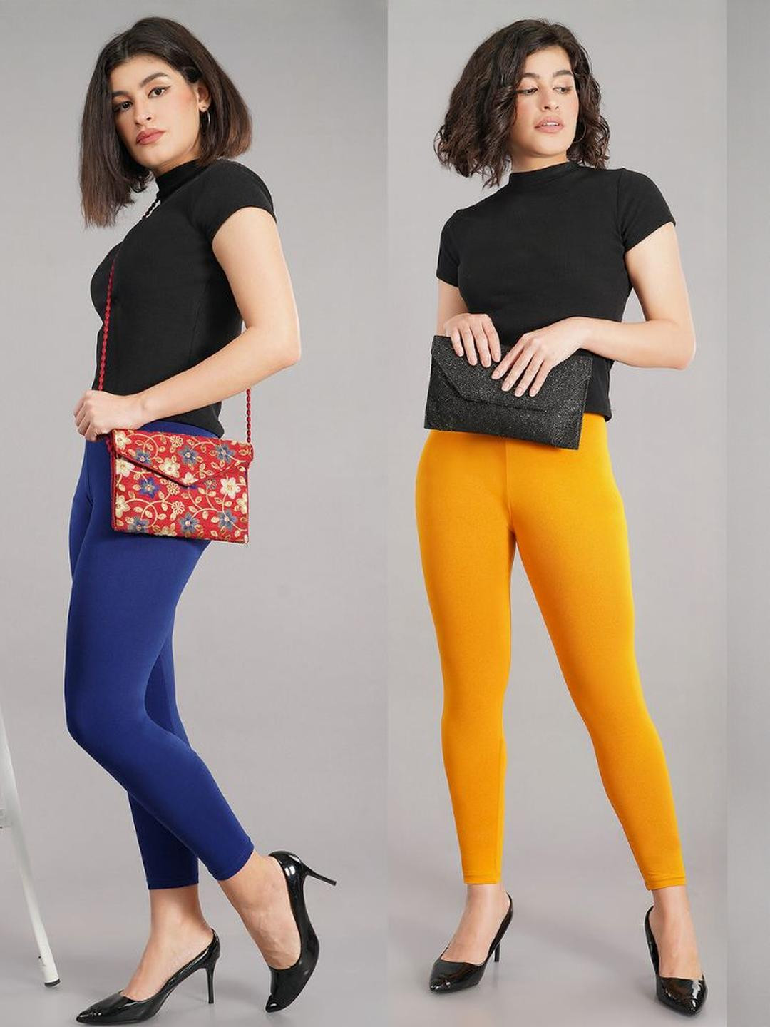 Avaasa Buy Shruthi Pack of 2 Yellow & Blue Viscose Rayon Ankle Length Leggings