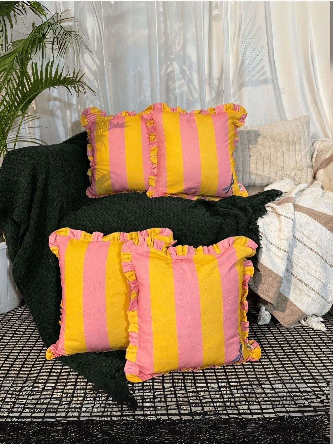 LUSHLYF Dragonfly Carnival Yellow & Pink 4 Pieces Striped Cotton Square Cushion Covers