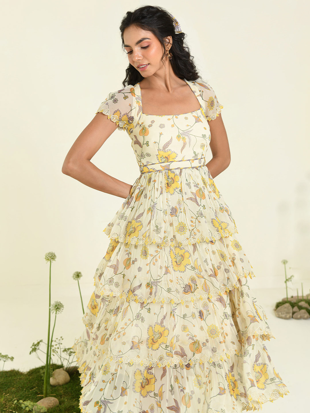 Baise Gaba Day Dream Women Printed Puff Sleeve Chiffon Fit & Flare Maxi Dress