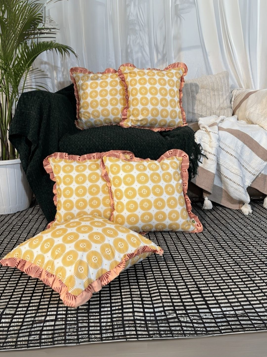 LUSHLYF Sundrop Ruffle  Yellow & White 5 Pieces Printed Cotton Square Cushion Covers